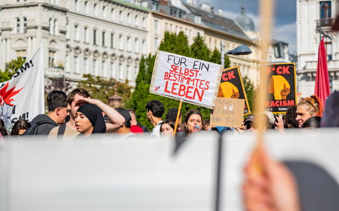 October 9, 2026: Protest Against the Headscarf Ban. Participants in the School on Fire demonstration—a school strike against the headscarf ban, but also against racism in general— sexism, and militarization in schools at Human Rights Square in Vienna, Austria Vienna Human Rights Square Vienna Austria