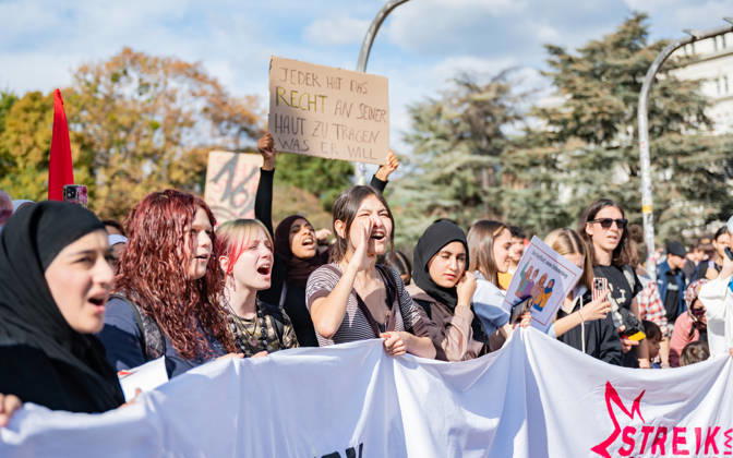 October 9, 2026: Protest Against the Headscarf Ban. Participants in the School on Fire demonstration—a school strike against the headscarf ban, but also against racism in general— sexism, and militarization in schools at Human Rights Square in Vienna, Austria Vienna Human Rights Square Vienna Austria