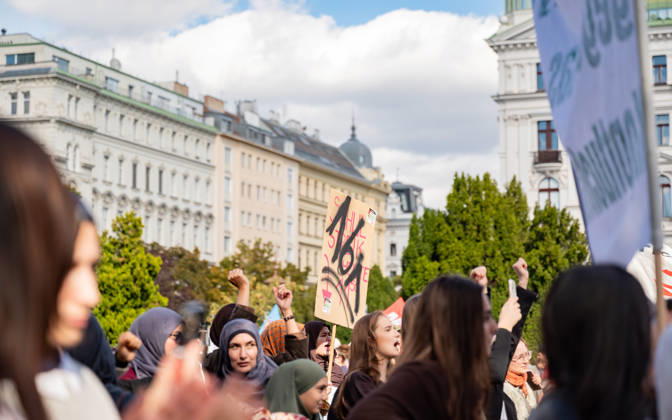 October 9, 2026: Protest Against the Headscarf Ban. Participants in the School on Fire demonstration—a school strike against the headscarf ban, but also against racism in general— sexism, and militarization in schools at Human Rights Square in Vienna, Austria Vienna Human Rights Square Vienna Austria