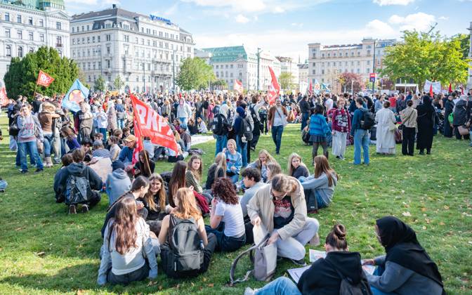 October 9, 2026: Protest Against the Headscarf Ban. Participants in the School on Fire demonstration—a school strike against the headscarf ban, but also against racism in general— sexism, and militarization in schools at Human Rights Square in Vienna, Austria Vienna Human Rights Square Vienna Austria