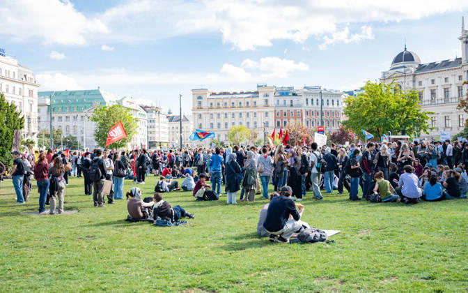 October 9, 2026: Protest Against the Headscarf Ban. Participants in the School on Fire demonstration—a school strike against the headscarf ban, but also against racism in general— sexism, and militarization in schools at Human Rights Square in Vienna, Austria Vienna Human Rights Square Vienna Austria