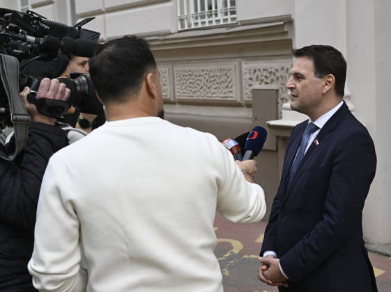 The two-day elections to municipal assemblies started in the Czech Republic together with the first round of the elections to one-third of the Senate, on October 9, 2026. On the photo Czech Foreign Minister and Chairman of the Motorists for themselves party Petr Macinka speaks with reporters after casting his vote in Prague. (CTKxPhoto MichalxKrumphanzl) CTKPhotoP2026100906831  CTKPhotoP2026100906831