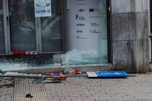 Property damage pictured afterwards a national manifestation against the Federal Government s budgetary measures, under the Keep your hands out of our pockets! (Blijf uit onze zakken! - Pas dans nos poches) moniker, organised by the trade unions on Friday 9 October 2026 in Brussels.  EMILExWINDAL 189265709