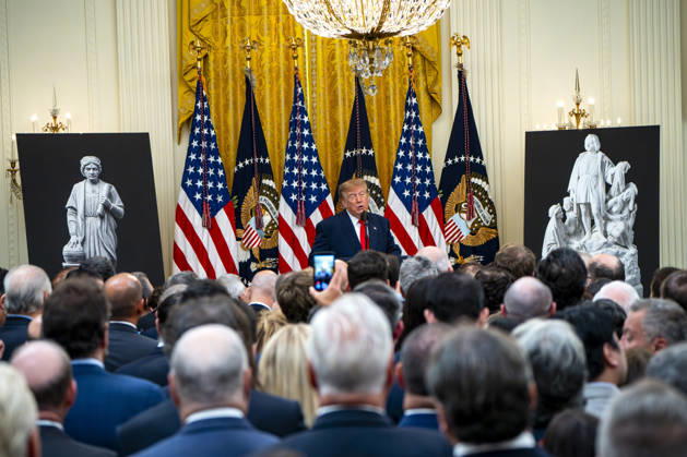 President Donald Trump hosts an event honoring Christopher Columbus in the East Room of the White House in Washington, DC Friday, October 9, 2026. The event highlighted the 13-foot reconstructed statue of Columbus installed outside the Eisenhower Executive Office Building in March after demonstrators in Baltimore threw into the harbor on July 4, 2020. WAP20261009323 BONNIExCASH