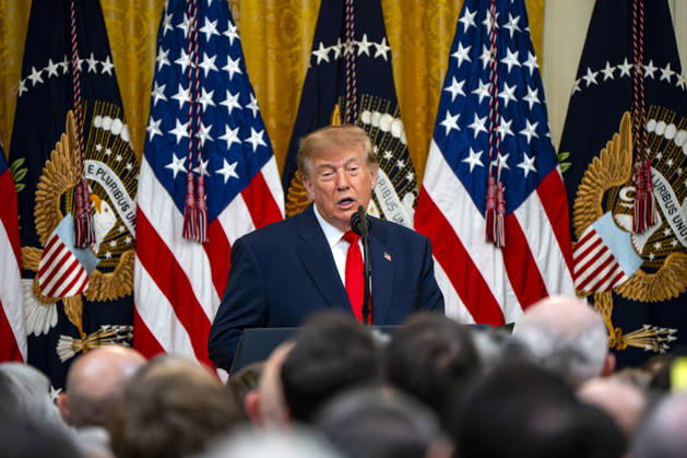 President Donald Trump hosts an event honoring Christopher Columbus in the East Room of the White House in Washington, DC Friday, October 9, 2026. The event highlighted the 13-foot reconstructed statue of Columbus installed outside the Eisenhower Executive Office Building in March after demonstrators in Baltimore threw into the harbor on July 4, 2020. WAP20261009324 BONNIExCASH