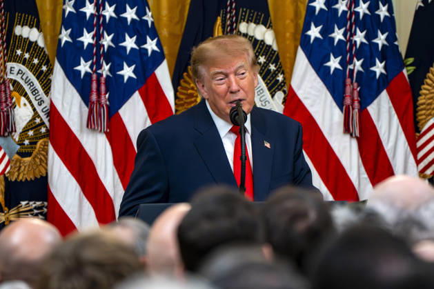 President Donald Trump hosts an event honoring Christopher Columbus in the East Room of the White House in Washington, DC Friday, October 9, 2026. The event highlighted the 13-foot reconstructed statue of Columbus installed outside the Eisenhower Executive Office Building in March after demonstrators in Baltimore threw into the harbor on July 4, 2020. WAP20261009325 BONNIExCASH