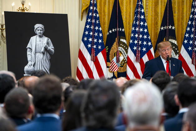 President Donald Trump hosts an event honoring Christopher Columbus in the East Room of the White House in Washington, DC Friday, October 9, 2026. The event highlighted the 13-foot reconstructed statue of Columbus installed outside the Eisenhower Executive Office Building in March after demonstrators in Baltimore threw into the harbor on July 4, 2020. WAP20261009326 BONNIExCASH