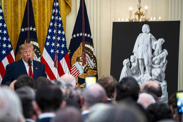 President Donald Trump hosts an event honoring Christopher Columbus in the East Room of the White House in Washington, DC Friday, October 9, 2026. The event highlighted the 13-foot reconstructed statue of Columbus installed outside the Eisenhower Executive Office Building in March after demonstrators in Baltimore threw into the harbor on July 4, 2020. WAP20261009327 BONNIExCASH
