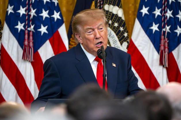 President Donald Trump hosts an event honoring Christopher Columbus in the East Room of the White House in Washington, DC Friday, October 9, 2026. The event highlighted the 13-foot reconstructed statue of Columbus installed outside the Eisenhower Executive Office Building in March after demonstrators in Baltimore threw into the harbor on July 4, 2020. WAP20261009329 BONNIExCASH