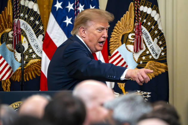 President Donald Trump hosts an event honoring Christopher Columbus in the East Room of the White House in Washington, DC Friday, October 9, 2026. The event highlighted the 13-foot reconstructed statue of Columbus installed outside the Eisenhower Executive Office Building in March after demonstrators in Baltimore threw into the harbor on July 4, 2020. WAP20261009331 BONNIExCASH