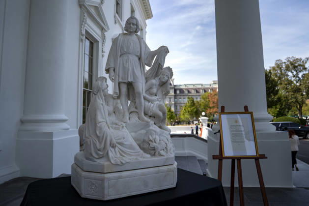 A statue of Christopher Columbus is on display ahead of its permanent relocation to the Rose Garden at the White House in Washington, DC Friday, October 9, 2026. WAP20261009332 BONNIExCASH