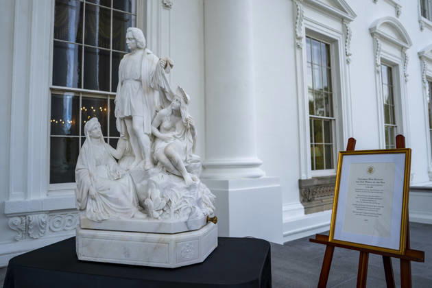 A statue of Christopher Columbus is on display ahead of its permanent relocation to the Rose Garden at the White House in Washington, DC Friday, October 9, 2026.  WAP20261009333 BONNIExCASH