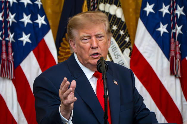 President Donald Trump hosts an event honoring Christopher Columbus in the East Room of the White House in Washington, DC Friday, October 9, 2026. The event highlighted the 13-foot reconstructed statue of Columbus installed outside the Eisenhower Executive Office Building in March after demonstrators in Baltimore threw into the harbor on July 4, 2020. WAP20261009318 BONNIExCASH