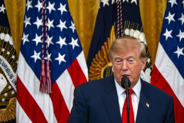 President Donald Trump hosts an event honoring Christopher Columbus in the East Room of the White House in Washington, DC Friday, October 9, 2026. The event highlighted the 13-foot reconstructed statue of Columbus installed outside the Eisenhower Executive Office Building in March after demonstrators in Baltimore threw into the harbor on July 4, 2020. WAP20261009322 BONNIExCASH