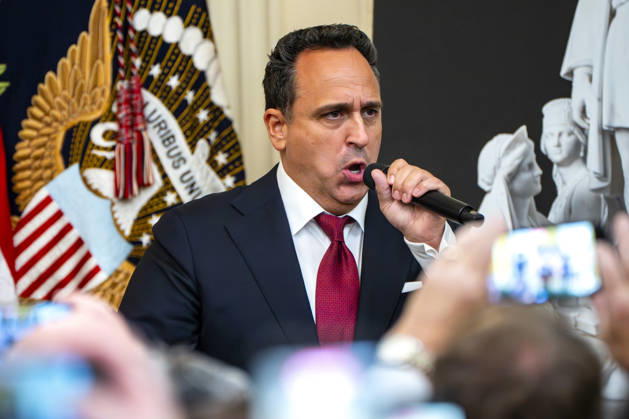 Singer Christopher Maccio performs during an a event honoring Christopher Columbus in the East Room of the White House in Washington, DC Friday, October 9, 2026. The event highlighted the 13-foot reconstructed statue of Columbus installed outside the Eisenhower Executive Office Building in March after demonstrators in Baltimore threw into the harbor on July 4, 2020.  WAP20261009334 BONNIExCASH