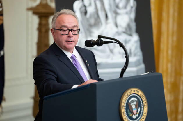 Brett Rugo, founder of Rugo Stone which constructed a helipad on the South Lawn, speaks during an event in the East Room of the White House in Washington, DC on Friday, Oct. 9, 2026. Trump is hosting a Columbus Day celebration. WASP20261009117 AaronxSchwartz