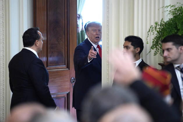 Donald Trump on Columbus Day celebration - Washington US President Donald Trump departs after a Columbus Day celebration in the East Room in Washington on October 9, 2026. Photo by Yuri Gripas ABACAPRESS.COM Washington DC United States  Copyright: xGripasxYuri ABACAx