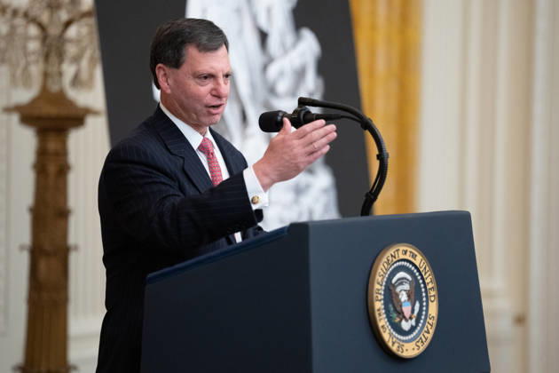 Frank J. Bisignano, Commissioner, Social Security Administration (SSA) and Chief Executive Officer, Internal Revenue Service (IRS) gives remarks during a Columbus Day Celebration hosted by United States President Donald J Trump in the East Room of the White House in Washington, DC, USA on Friday, October 8, 2026. Copyright: xAaronxSchwartz PoolxviaxCNPx MediaPunchx