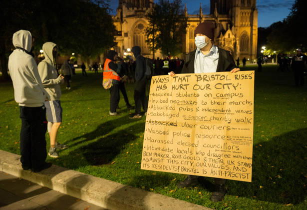 October 9, 2026, Bristol, Bristol, UK: Bristol, UK. Bristol Rises far-right demo and counter-protest (pictured) in city centre. Bristol Rises have called their protest after some of their members were at the centre of a disturbance outside the main Bristol University building on Monday. A counter-protest has been called by a coalition of anti-racism groups. Police have a dispersal order in the centre and said anyone in either protest wearing a face covering may be arrested or prosecuted under recent new legal powers. Bristol UK  - ZUMAl94_ 20261009_zaf_l94_002 Copyright: xSimonxChapmanx