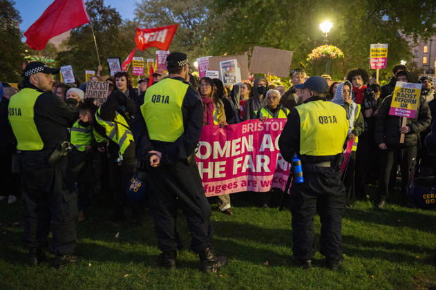 October 9, 2026, Bristol, Bristol, UK: Bristol, UK. Bristol Rises far-right demo and counter-protest (pictured) in city centre. Bristol Rises have called their protest after some of their members were at the centre of a disturbance outside the main Bristol University building on Monday. A counter-protest has been called by a coalition of anti-racism groups. Police have a dispersal order in the centre and said anyone in either protest wearing a face covering may be arrested or prosecuted under recent new legal powers. Bristol UK  - ZUMAl94_ 20261009_zaf_l94_005 Copyright: xSimonxChapmanx