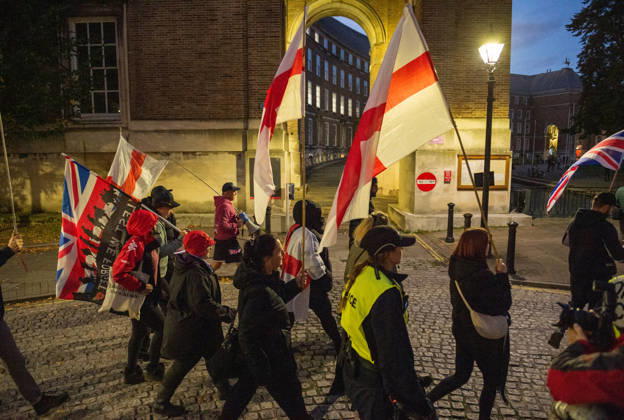 October 9, 2026, Bristol, Bristol, UK: Bristol, UK. Bristol Rises far-right demo (pictured) and counter-protest in city centre. Bristol Rises have called their protest after some of their members were at the centre of a disturbance outside the main Bristol University building on Monday. A counter-protest has been called by a coalition of anti-racism groups. Police have a dispersal order in the centre and said anyone in either protest wearing a face covering may be arrested or prosecuted under recent new legal powers. Bristol UK  - ZUMAl94_ 20261009_zaf_l94_008 Copyright: xSimonxChapmanx