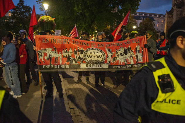 October 9, 2026, Bristol, Bristol, UK: Bristol, UK. Bristol Rises far-right demo and counter-protest (pictured) in city centre. Bristol Rises have called their protest after some of their members were at the centre of a disturbance outside the main Bristol University building on Monday. A counter-protest has been called by a coalition of anti-racism groups. Police have a dispersal order in the centre and said anyone in either protest wearing a face covering may be arrested or prosecuted under recent new legal powers. Bristol UK  - ZUMAl94_ 20261009_zaf_l94_009 Copyright: xSimonxChapmanx