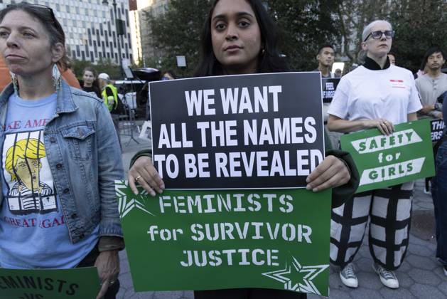 October 8, 2026, New York, New York, USA: Hundreds rally in Foley Square outside the New York State Supreme Court building in Lower Manhattan under the banner . StopSexualViolence: From the Frat House to the White House joining rallies and campus walkouts around the country demanding justice for Cornell s Jane Doe. Protesters hold signs that read WE WANT ALL THE NAMES TO BE REVEALED FEMINSITS for SURVIVOR JUSTICE SAFETY for GIRLS. New York USA - ZUMAr174 20261008_znp_r174_057 Copyright: xGinaxMxRandazzox