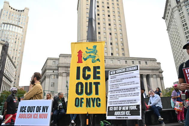 Protesters rally after ICE shooting of New York man in car with child inside NEW YORK, UNITED STATES - OCTOBER 9: A massive protest takes place at Foley Square , demanding the withdrawal of ICE from the city in New York, United States on October 9, 2026. The demonstration follows an incident yesterday in the Bronx where an ICE officer shot Oscar Belgal, a Dominican Republic national, in the neck while he was driving with a 5-year-old child in the vehicle. Waleed Zein Anadolu New York United States. Editorial use only. Please get in touch for any other usage. Copyright: x2026xAnadoluxWaleedxZeinx
