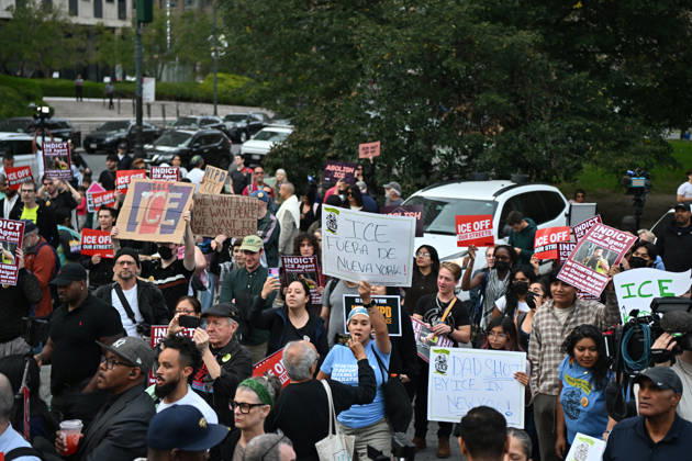 Protesters rally after ICE shooting of New York man in car with child inside NEW YORK, UNITED STATES - OCTOBER 9: A massive protest takes place at Foley Square , demanding the withdrawal of ICE from the city in New York, United States on October 9, 2026. The demonstration follows an incident yesterday in the Bronx where an ICE officer shot Oscar Belgal, a Dominican Republic national, in the neck while he was driving with a 5-year-old child in the vehicle. Waleed Zein Anadolu New York United States. Editorial use only. Please get in touch for any other usage. Copyright: x2026xAnadoluxWaleedxZeinx