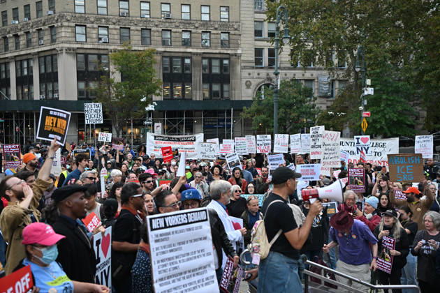 Protesters rally after ICE shooting of New York man in car with child inside NEW YORK, UNITED STATES - OCTOBER 9: A massive protest takes place at Foley Square , demanding the withdrawal of ICE from the city in New York, United States on October 9, 2026. The demonstration follows an incident yesterday in the Bronx where an ICE officer shot Oscar Belgal, a Dominican Republic national, in the neck while he was driving with a 5-year-old child in the vehicle. Waleed Zein Anadolu New York United States. Editorial use only. Please get in touch for any other usage. Copyright: x2026xAnadoluxWaleedxZeinx