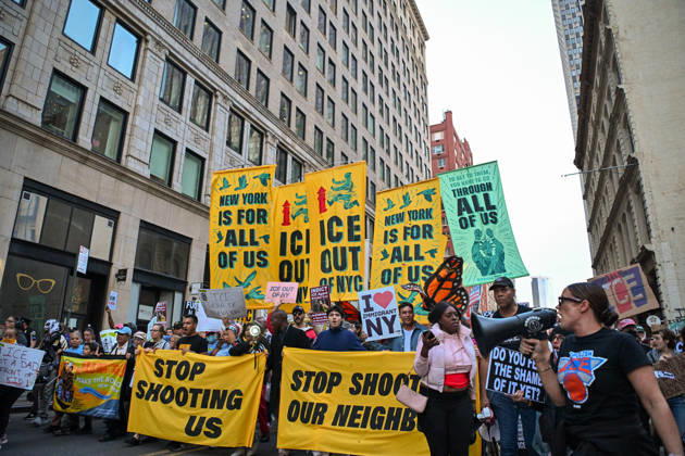 Thousands of New York protesters rally against ICE after Bronx shooting NEW YORK, UNITED STATES - OCTOBER 9: Thousands of people gathered at Foley Square to demand the withdrawal of US Immigration and Customs Enforcement (ICE) from the city, a day after an ICE officer shot a Dominican Republic national in the neck in the Bronx in New York, United States on October 9, 2026. Waleed Zein Anadolu New York United States. Editorial use only. Please get in touch for any other usage. Copyright: x2026xAnadoluxWaleedxZeinx