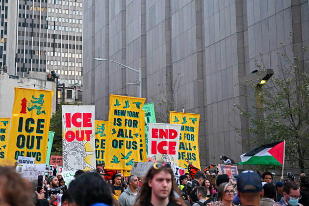 Thousands of New York protesters rally against ICE after Bronx shooting NEW YORK, UNITED STATES - OCTOBER 9: Thousands of people gathered at Foley Square to demand the withdrawal of US Immigration and Customs Enforcement (ICE) from the city, a day after an ICE officer shot a Dominican Republic national in the neck in the Bronx in New York, United States on October 9, 2026. Waleed Zein Anadolu New York United States. Editorial use only. Please get in touch for any other usage. Copyright: x2026xAnadoluxWaleedxZeinx