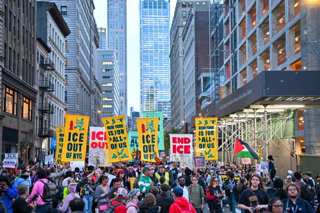 Thousands of New York protesters rally against ICE after Bronx shooting NEW YORK, UNITED STATES - OCTOBER 9: Thousands of people gathered at Foley Square to demand the withdrawal of US Immigration and Customs Enforcement (ICE) from the city, a day after an ICE officer shot a Dominican Republic national in the neck in the Bronx in New York, United States on October 9, 2026. Waleed Zein Anadolu New York United States. Editorial use only. Please get in touch for any other usage. Copyright: x2026xAnadoluxWaleedxZeinx