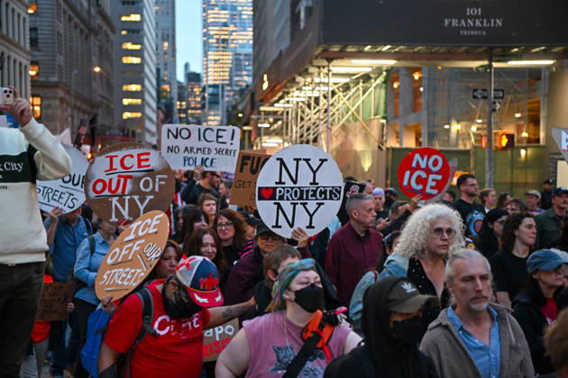 Thousands of New York protesters rally against ICE after Bronx shooting NEW YORK, UNITED STATES - OCTOBER 9: Thousands of people gathered at Foley Square to demand the withdrawal of US Immigration and Customs Enforcement (ICE) from the city, a day after an ICE officer shot a Dominican Republic national in the neck in the Bronx in New York, United States on October 9, 2026. Waleed Zein Anadolu New York United States. Editorial use only. Please get in touch for any other usage. Copyright: x2026xAnadoluxWaleedxZeinx
