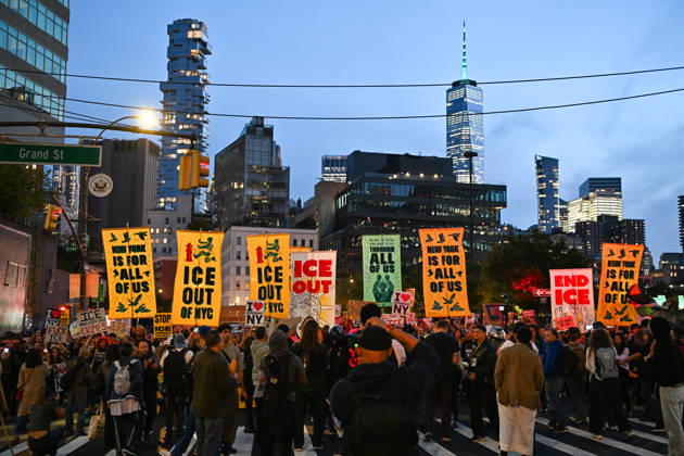Thousands of New York protesters rally against ICE after Bronx shooting NEW YORK, UNITED STATES - OCTOBER 9: Thousands of people gathered at Foley Square to demand the withdrawal of US Immigration and Customs Enforcement (ICE) from the city, a day after an ICE officer shot a Dominican Republic national in the neck in the Bronx in New York, United States on October 9, 2026. Waleed Zein Anadolu New York United States. Editorial use only. Please get in touch for any other usage. Copyright: x2026xAnadoluxWaleedxZeinx