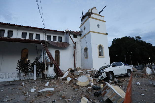 (261010) -- PANAMA CITY, Oct. 10, 2026 -- This photo taken on Oct. 9, 2026 shows a bell tower of a church collapsed after a strong earthquake in Penonome, central Cocle Province of Panama. A powerful earthquake and a series of strong aftershocks rattled Panama on Friday, sending residents into the streets, disrupting water supplies and briefly halting flights as the government mobilized emergency personnel and resources. The University of Panama s Institute of Geosciences measured the initial quake at magnitude 7.2. It struck at 12:56 p.m. local time (1756 GMT) at a depth of 4 kilometers. By 5:30 p.m. local time, more than 40 earthquakes had been recorded, including over a dozen with magnitudes above 5.0. A quake at 3:25 p.m. had a magni 