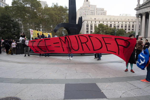 October 9, 2026, New York City, New York, USA: FOLEY SQUARE, NEW YORK, UNITED STATES Ã¢â‚¬ OCTOBER 9, 2026: Demonstrators rally on Friday, October 9, 2026, at a protest titled Ã¢â‚¬oeICE SHOT A NEW YORKER.Ã¢â‚¬Â The rally began in Foley Square in Lower Manhattan, across the street from ICE headquarters at 26 Federal Plaza. It followed the shooting of a 28-year-old Dominican national by an ICE agent in the BronxÃ¢â‚¬â ¢s Marble Hill neighborhood on Thursday, October 8. Mayor Zohran Mamdani said preliminary information indicated that agents surrounded the man, identified as Oscar Belgal, and a 5-year-old child in his car before firing multiple rounds. The child was believed to be physically unharmed. According to DHS, Belgal was the targe - ZUMAt442 20261009_znp_t442_001 Copyright: xBillyxTompkinsx