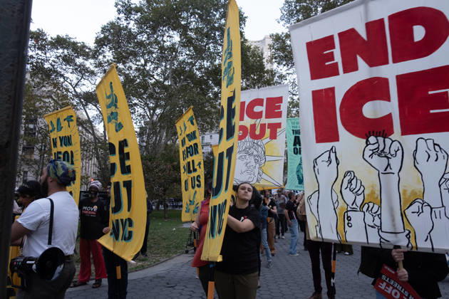 October 9, 2026, New York City, New York, USA: FOLEY SQUARE, NEW YORK, UNITED STATES Ã¢â‚¬ OCTOBER 9, 2026: Demonstrators rally on Friday, October 9, 2026, at a protest titled Ã¢â‚¬oeICE SHOT A NEW YORKER.Ã¢â‚¬Â The rally began in Foley Square in Lower Manhattan, across the street from ICE headquarters at 26 Federal Plaza. It followed the shooting of a 28-year-old Dominican national by an ICE agent in the BronxÃ¢â‚¬â ¢s Marble Hill neighborhood on Thursday, October 8. Mayor Zohran Mamdani said preliminary information indicated that agents surrounded the man, identified as Oscar Belgal, and a 5-year-old child in his car before firing multiple rounds. The child was believed to be physically unharmed. According to DHS, Belgal was the targe - ZUMAt442 20261009_znp_t442_003 Copyright: xBillyxTompkinsx