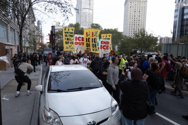 October 9, 2026, New York City, New York, USA: FOLEY SQUARE, NEW YORK, UNITED STATES Ã¢â‚¬ OCTOBER 9, 2026: Demonstrators rally on Friday, October 9, 2026, at a protest titled Ã¢â‚¬oeICE SHOT A NEW YORKER.Ã¢â‚¬Â The rally began in Foley Square in Lower Manhattan, across the street from ICE headquarters at 26 Federal Plaza. It followed the shooting of a 28-year-old Dominican national by an ICE agent in the BronxÃ¢â‚¬â ¢s Marble Hill neighborhood on Thursday, October 8. Mayor Zohran Mamdani said preliminary information indicated that agents surrounded the man, identified as Oscar Belgal, and a 5-year-old child in his car before firing multiple rounds. The child was believed to be physically unharmed. According to DHS, Belgal was the targe  - ZUMAt442 20261009_znp_t442_004 Copyright: xBillyxTompkinsx