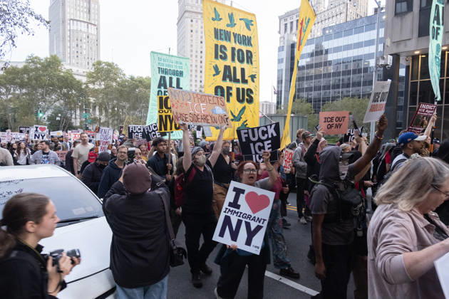 October 9, 2026, New York City, New York, USA: FOLEY SQUARE, NEW YORK, UNITED STATES Ã¢â‚¬ OCTOBER 9, 2026: Demonstrators rally on Friday, October 9, 2026, at a protest titled Ã¢â‚¬oeICE SHOT A NEW YORKER.Ã¢â‚¬Â The rally began in Foley Square in Lower Manhattan, across the street from ICE headquarters at 26 Federal Plaza. It followed the shooting of a 28-year-old Dominican national by an ICE agent in the BronxÃ¢â‚¬â ¢s Marble Hill neighborhood on Thursday, October 8. Mayor Zohran Mamdani said preliminary information indicated that agents surrounded the man, identified as Oscar Belgal, and a 5-year-old child in his car before firing multiple rounds. The child was believed to be physically unharmed. According to DHS, Belgal was the targe - ZUMAt442 20261009_znp_t442_005 Copyright: xBillyxTompkinsx