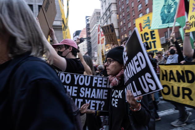 October 9, 2026, New York City, New York, USA: FOLEY SQUARE, NEW YORK, UNITED STATES Ã¢â‚¬ OCTOBER 9, 2026: Demonstrators rally on Friday, October 9, 2026, at a protest titled Ã¢â‚¬oeICE SHOT A NEW YORKER.Ã¢â‚¬Â The rally began in Foley Square in Lower Manhattan, across the street from ICE headquarters at 26 Federal Plaza. It followed the shooting of a 28-year-old Dominican national by an ICE agent in the BronxÃ¢â‚¬â ¢s Marble Hill neighborhood on Thursday, October 8. Mayor Zohran Mamdani said preliminary information indicated that agents surrounded the man, identified as Oscar Belgal, and a 5-year-old child in his car before firing multiple rounds. The child was believed to be physically unharmed. According to DHS, Belgal was the targe  - ZUMAt442 20261009_znp_t442_008 Copyright: xBillyxTompkinsx