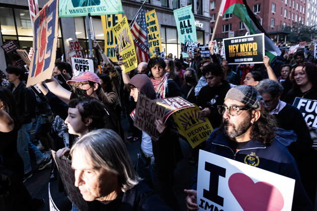 October 9, 2026, New York City, New York, USA: FOLEY SQUARE, NEW YORK, UNITED STATES Ã¢â‚¬ OCTOBER 9, 2026: Demonstrators rally on Friday, October 9, 2026, at a protest titled Ã¢â‚¬oeICE SHOT A NEW YORKER.Ã¢â‚¬Â The rally began in Foley Square in Lower Manhattan, across the street from ICE headquarters at 26 Federal Plaza. It followed the shooting of a 28-year-old Dominican national by an ICE agent in the BronxÃ¢â‚¬â ¢s Marble Hill neighborhood on Thursday, October 8. Mayor Zohran Mamdani said preliminary information indicated that agents surrounded the man, identified as Oscar Belgal, and a 5-year-old child in his car before firing multiple rounds. The child was believed to be physically unharmed. According to DHS, Belgal was the targe  - ZUMAt442 20261009_znp_t442_009 Copyright: xBillyxTompkinsx