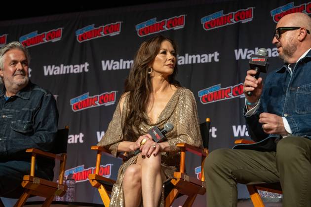 October 9, 2026, New York, New York, United States: (L-R) Tom Butterworth, Catherine Zeta-Jones and Peter Lawson speak at AMC+ Spotlight: Kill Jackie.during New York Comic Con 2026 at Jacob Javits Center on October 09, 2026 in New York City. New York United States - ZUMAs197 20261009_aaa_s197_501 Copyright: xRonxAdarx
