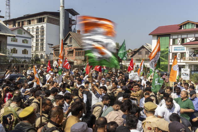 October 10, 2026, Srinagar, Jammu And Kashmir, India: Supporters of INDIA bloc alliance participate in a protest under the Save Democracy Week and Vote Bachao, Desh Bachao campaign, amid row over the resignation of Chief Election Commissioner Gyanesh Kumar in Srinagar, the capital city of Indian Kashmir. Srinagar India  - ZUMAf191 20261010_zip_f191_007 Copyright: xUmarxFarooqx