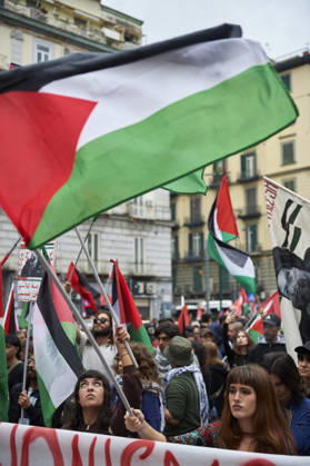 Pro-Palestine protests in Naples NAPLES, ITALY - OCTOBER 10: People take part in a protest during the Global Day of Action for Palestine in defence of the Palestinian people, to call for an arms embargo and sanctions against Israel in Naples, on October 10, 2026. Eliano Imperato Anadolu Naples Italy. Editorial use only. Please get in touch for any other usage.  Copyright: x2026xAnadoluxElianoxImperatox