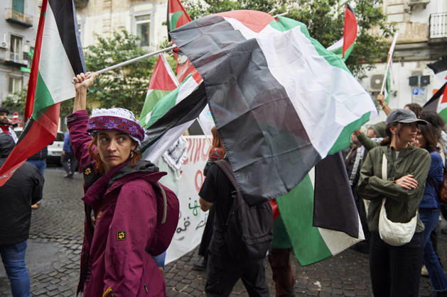 Pro-Palestine protests in Naples NAPLES, ITALY - OCTOBER 10: People take part in a protest during the Global Day of Action for Palestine in defence of the Palestinian people, to call for an arms embargo and sanctions against Israel in Naples, on October 10, 2026. Eliano Imperato Anadolu Naples Italy. Editorial use only. Please get in touch for any other usage.  Copyright: x2026xAnadoluxElianoxImperatox