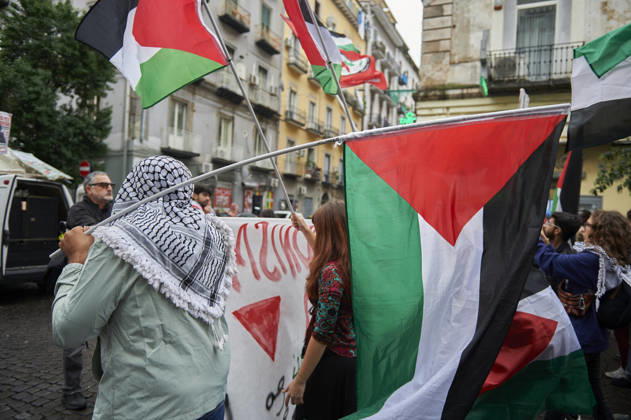 Pro-Palestine protests in Naples NAPLES, ITALY - OCTOBER 10: People take part in a protest during the Global Day of Action for Palestine in defence of the Palestinian people, to call for an arms embargo and sanctions against Israel in Naples, on October 10, 2026. Eliano Imperato Anadolu Naples Italy. Editorial use only. Please get in touch for any other usage.  Copyright: x2026xAnadoluxElianoxImperatox