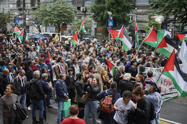 Pro-Palestine protests in Naples NAPLES, ITALY - OCTOBER 10: People take part in a protest during the Global Day of Action for Palestine in defence of the Palestinian people, to call for an arms embargo and sanctions against Israel in Naples, on October 10, 2026. Eliano Imperato Anadolu Naples Italy. Editorial use only. Please get in touch for any other usage. Copyright: x2026xAnadoluxElianoxImperatox