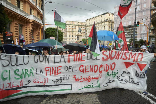 Pro-Palestine protests in Naples NAPLES, ITALY - OCTOBER 10: People take part in a protest during the Global Day of Action for Palestine in defence of the Palestinian people, to call for an arms embargo and sanctions against Israel in Naples, on October 10, 2026. Eliano Imperato Anadolu Naples Italy. Editorial use only. Please get in touch for any other usage. Copyright: x2026xAnadoluxElianoxImperatox