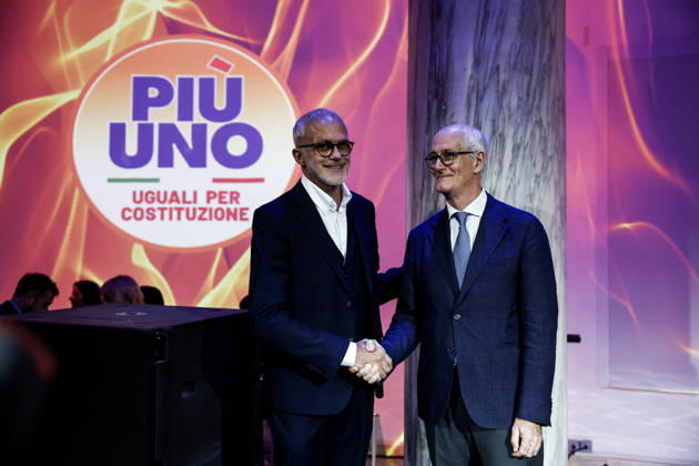October 10, 2026, Rome, Italia, Italy: Ernesto Maria Ruffini and Franco Gabrielli present the party s symbol during the PioÂ¹ Uno National Assembly, Rome, 10 10 2026 Rome Italy  - ZUMAa289 20261010_zia_a289_115 Copyright: xFrancescoxFotiax xAgfx